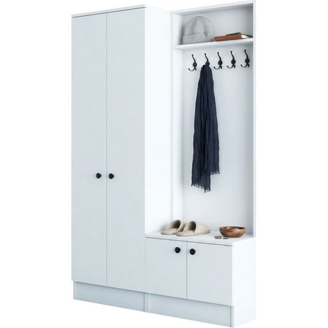 Mueble de Entrada Grue, 5 Estantes, Perchero, 4 Puertas, 120x37x183h cm Blanco