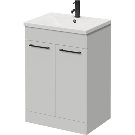 Napoli 460 Gloss Grey Pearl 600mm 2 Door Vanity Unit with Glide Basin - 600mm - Matt Black 160mm Handle