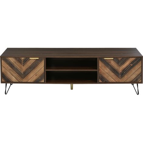 CAIziMeuble TV avec deux portes, portes en placage de bois massif. Meuble TV avec deux compartiments, panneau bas, meuble TV. Poignées dorées et pieds en fer. (1/5)
