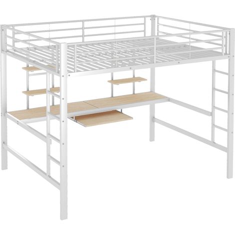 CAIzi(=WX000127AAK) Lit mezzanine, 140 x 200 cm, cadre de lit en métal, lit en fer, lit mezzanine avec bureau et deux bibliothèques pour enfants, adolescents et adultes, blanc (1/5)