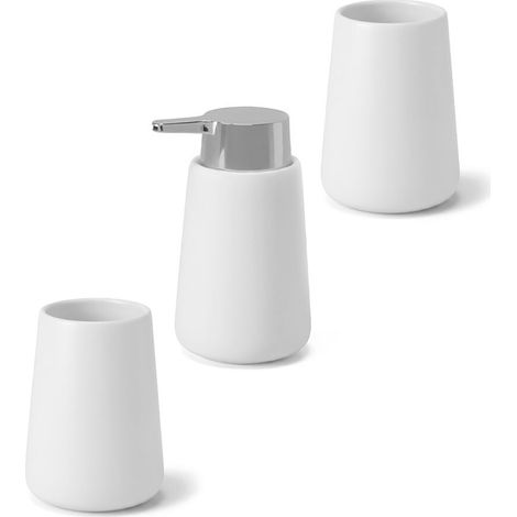 Set accessori bagno in ceramica bianca con dispenser sapone e due portaspazzolini Sidney (1/5)