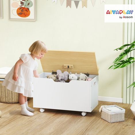 Baúl Juguetes Infantil con Ruedas Tapa Abatible con Bisagra de Seguridad Diseño de Nube Blanco y Natural (1/5)