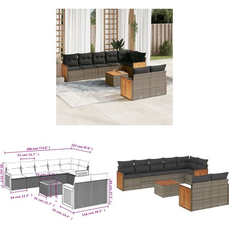 9-tlg. Garten-Sofagarnitur mit Kissen Grau Poly Rattan - Gartenmöbel Set - PE-Rattan Möbel - Outdoor Lounge - Esstisch - Sofasatz - Home & Living (1/3)