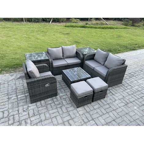 Fimous PE Rattan Gartenmöbel Sets Outdoor Liebe Sofa Stuhl Set Quadratischer Couchtisch 2 Beistelltische 2 Kleine Hocker (1/5)