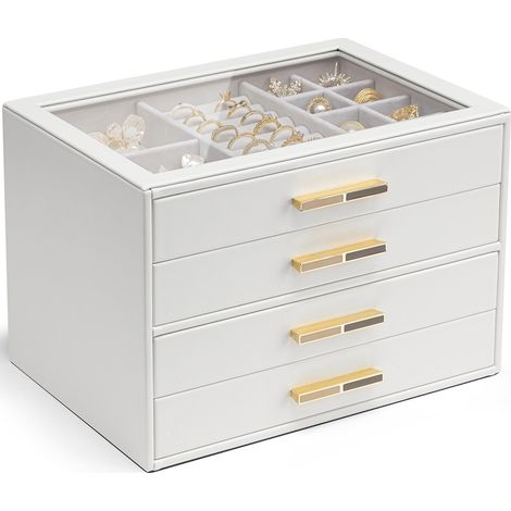 Grande boîte à bijoux à 4 niveaux avec couvercle en verre, 4 tiroirs, pour colliers, boucles d'oreilles, montres, bracelets, rangement de bijoux, moderne, blanc (1/5)