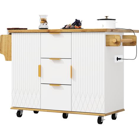 Set carrello cucina con 2 sgabelli, piano estraibile e presa di corrente, bianco (1/5)