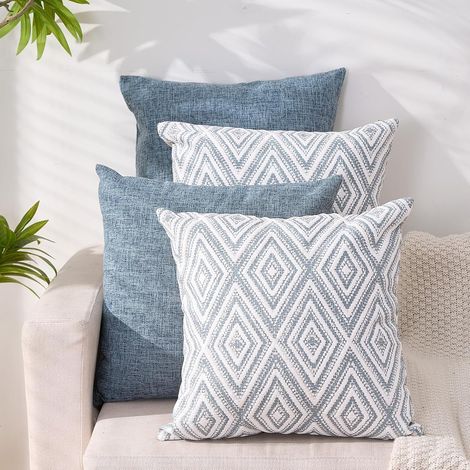 Set di 4 federe decorative quadrate in lino per divano e soggiorno, 45 x 45 cm, blu (1/4)