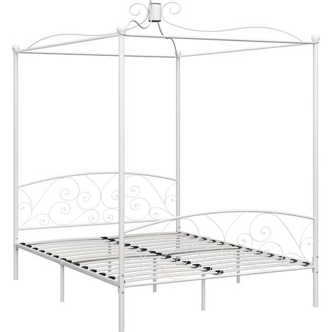 Lit adulte pour 2 personnes, Lit à baldaquin, Assemblage Facile, Blanc Métal 160 x 200 cm OIB6885E (1/5)