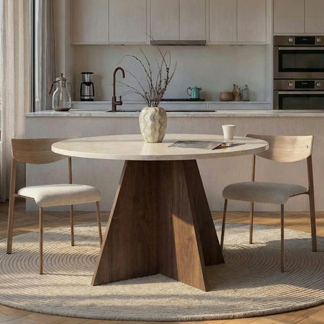 Table à manger ronde décor travertin et noyer Ø120 cm MARFA (1/5)