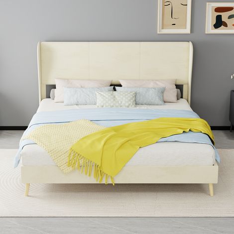 Cama tapizada de tela beige 160x200 cm con cabecero acolchado, estructura metálica, sin colchón (1/5)