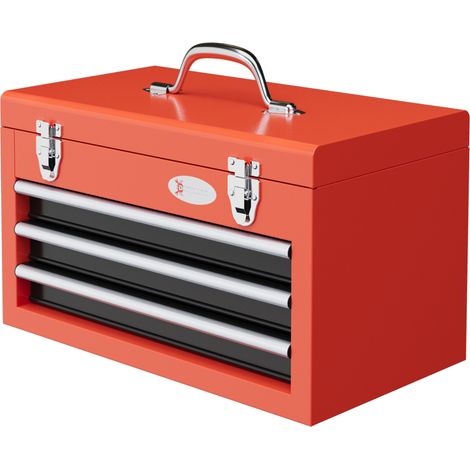Caja de herramientas metálica 45x24x27 cm con 3 cajones, caja de almacenamiento, 2 cerraduras, asas, roja (1/5)