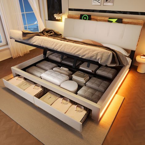 Cama dormitorio tapizada con almacenaje LED y USB beige OKMYHOME (1/5)