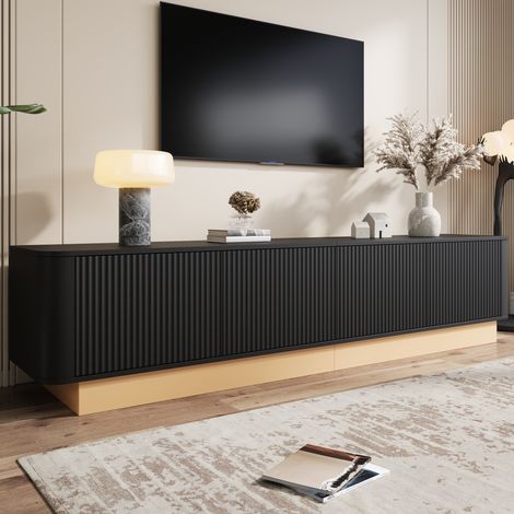 Meuble TV Lowboard 200 cm – Design Luxueux à Portes Rainurées – 4 Portes avec Étagères Ajustables – Angles Arrondis Sécurisés – Noir & Socle Bois Naturel (1/5)
