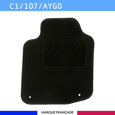 Tapis de sol voiture - Sur mesure pour Citroen / Peugeot / Toyota C1 / 107 / AYGO (09/2010-12/2014) - Antidérapant : Clips de fixations et scratch - Tapis de sol conducteur - Moquette - Noir