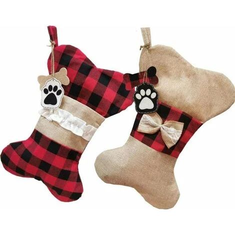 Chaussettes de Noël pour chiens, lot de 2, motif écossais en toile de jute, à suspendre aux pattes, décoration pour cheminée et sapin de Noël (1/5)