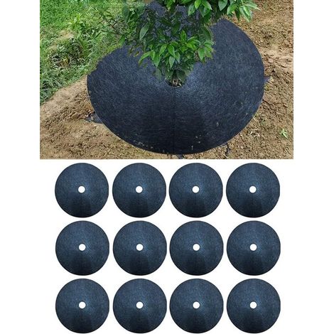 Juego de 12 alfombrillas antihierbas de 15 cm para protección de árboles, anillos de tela no tejida, barrera redonda contra malas hierbas para árboles de jardín. (1/5)