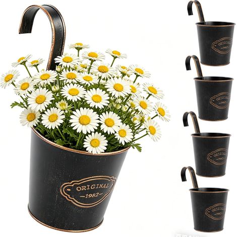 Lot de 4 pots de fleurs suspendus pour balcon avec trou de drainage, petits pots de fleurs suspendus en métal, cache-pot de fleurs à suspendre, vintage (1/5)