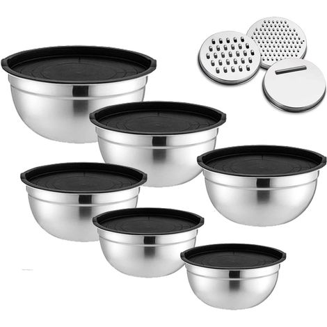 Set de 7 saladier avec couvercle, saladier inox avec couvercle hermétique, 3 râpes incluses, base antidérapante en silicone, 4,5 L / 2,7 L / 2 L / 1,5 L / 1,2 L / 0,7 L, pour servir et remuer, noir (1/5)