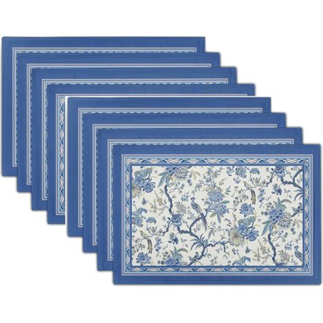 Manteles individuales de 8 piezas, estilo chinoiserie, en azul y blanco, con motivos florales y de pájaros, de poliéster, 45 x 30 cm, resistentes al calor, para la cocina. (1/5)