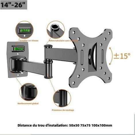 Support mural pour téléviseurs de 10 à 26 pouces avec base pivotante entièrement mobile, bras inclinable et pivotant EML602 (1/4)