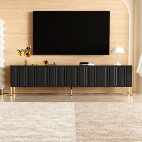 Mobile TV 190 cm, con 4 porte di stoccaggio, ripiani, piedi in metallo dorati, rettangolare, stile scandinavo, mobile per soggiorno in legno – Nero
