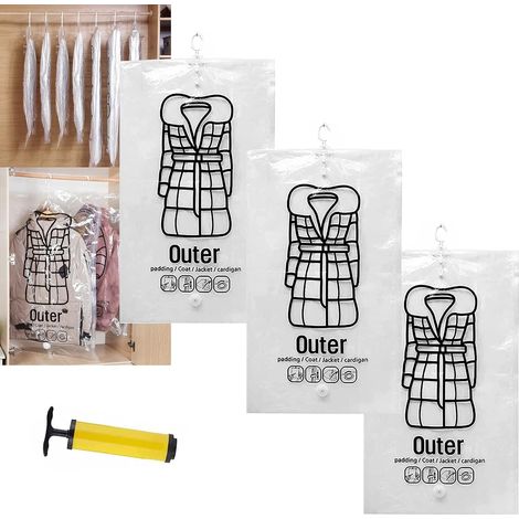 Set of 3 reusable hanging vacuum storage bags for clothes, coats, jackets, compressible hanging storage bags with hand pumps (size L, 3 pieces) (1/5)