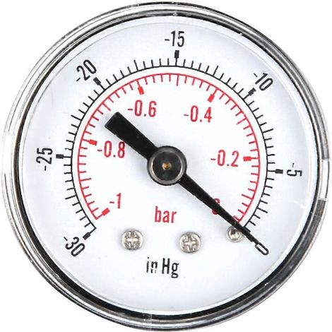 Manomètre à vide à double échelle, plage de mesure : -1 à 0 bar (-30 à 0 inHg), raccord de retour 1/8 BSPT.