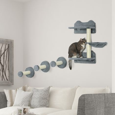 Scaletta da arrampicata, parete da arrampicata, scaletta per gatti, set da 4 pezzi, con tiragraffi e amaca, grigio e bianco crema, 40 x 28 x 73 cm