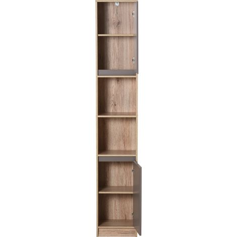 Meuble de Salle de Bain Gain de Place en Bois, Meuble de Salle de Bain avec 2 Armoires et Étagères Réglables, Design en Colonne, 30x24x170 cm, Gris et Chêne (1/5)