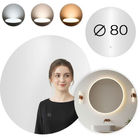 Espejo de baño LED redondo de 80 cm con control táctil de 3 colores