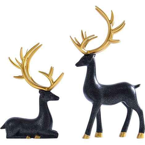 Statue Renne - Résine Doré et Noir - Décoration de Noël pour Table, Meuble TV et Intérieur - Lot de 2 (1/3)