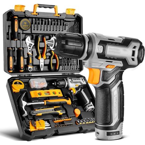 boite a outils complete 133 pièces -Mallette à outils grise pour réparations domestiques et bricolage, avec perceuse visseuse électrique 12 V pour percer et serrer/desserrer les vis
