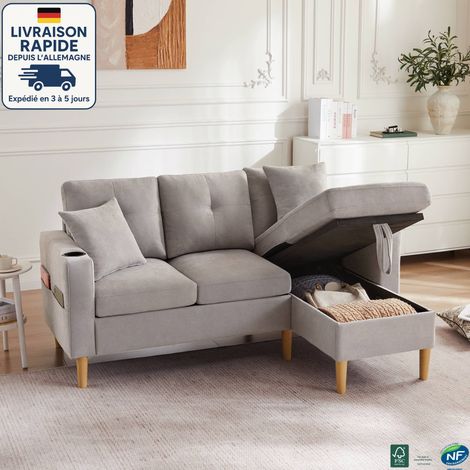MODFU - Sofá de 3 plazas con 2 cojines, con almacenaje para salón y dormitorio, algodón y lino, 175×129×90 cm, beige (1/5)