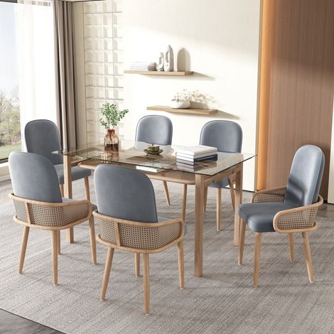 Chaises de salle à manger en velours gris lot de 6, design rotin et pieds métal effet bois - Pour salon, chambre 45x43x90cm (1/5)