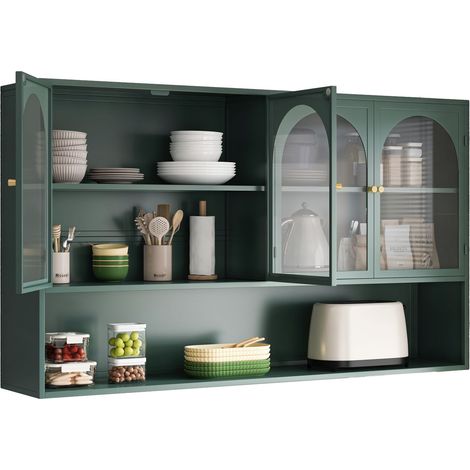 ELVMI Wandhängender Schrank mit 4 Türen, 1 Fach, Graues Glas, für Küche und Wohnzimmer, aus Metall und Glas, Dunkelgrün, 120×23×70 cm (1/5)