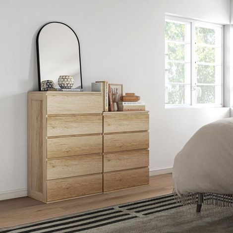 Commode à 5 tiroirs, meuble de rangement sans poignées, design minimaliste, 60 x 38 x 100 cm, bois naturel. (1/5)