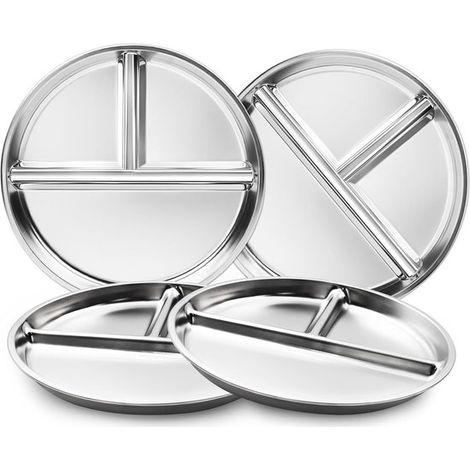 Juego de 4 platos de acero inoxidable para niños, Plato dividido, Plato llano, Vajilla, Platos llanos irrompibles, Opción saludable, 23 cm (1/5)