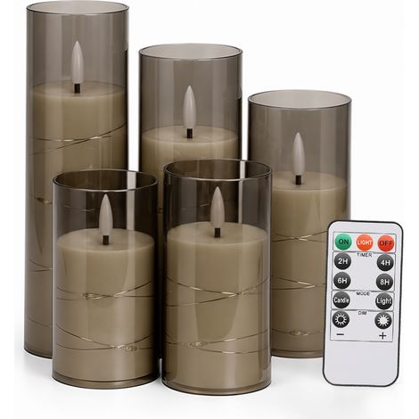 Randaco Velas LED sin llama, set de 5 con mando a distancia y temporizador, acrílico gris, Ø 5,5 cm, alturas 14/14/16/18/20 cm, guirnalda luminosa (1/5)