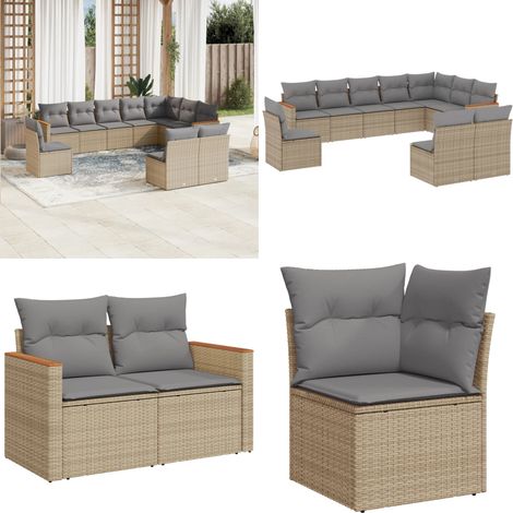 Set Divano da Giardino 10 pz con Cuscini Beige Misto Polyrattan - Sedute da esterno - Cuscini da giardino