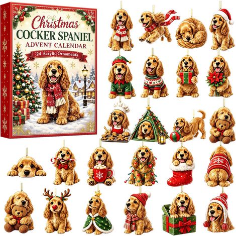 Calendrier de l'Avent Cocker Spaniel - 24 décorations de sapin de Noël 2D en acrylique avec motif chien - Calendrier de l'Avent de 24 jours pour décorer votre sapin et offrir un cadeau original aux am