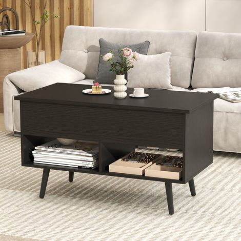 Table Basse Relevable avec 2 Compartiments et Rangement Caché Table Basse Salon à Pieds en Bois de Pin avec Levage Pneumatique Noir (1/3)