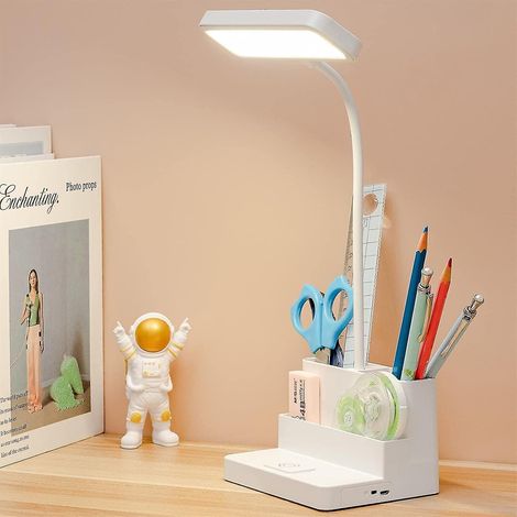 Lampe de bureau LED avec porte-stylo/téléphone intégré, rechargeable, avec bras flexible, 3 modes de couleur, intensité lumineuse réglable, protection des yeux, format compact (1/5)
