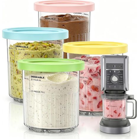 Lot de 4 bacs à glace, pour Ninja Creami Deluxe NC501 & NC500, 710 ml, avec couvercles anti-fuite, sans BPA et passent au lave-vaisselle, accessoires pour sorbetière