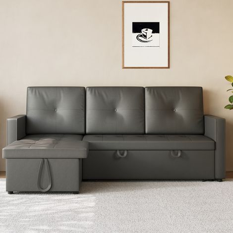 SIRHONA Canapé d'angle réversible Matériau en cuir 3 places Canapé convertible Gris Style Moderne pour Salon Appartement 203×130×88cm (1/5)