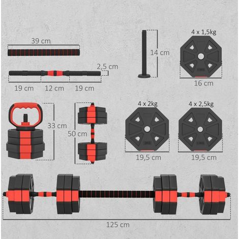 Kit haltères réglables 4-en-1, barre longue, kettlebell et support de pompes, rouge HAVRYA (1/4)