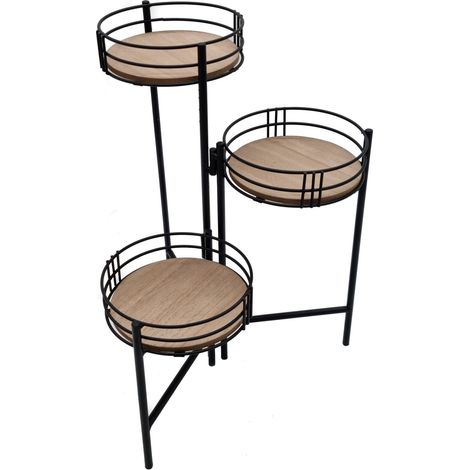 Spetebo – Support de pot de fleurs pliable en métal noir – 3 étagères en bois ajustables – Dimensions 40x32x28cm – Pour intérieur uniquement