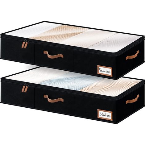 Coffre de rangement sous lit, 60 L, pliable, en tissu Oxford, résistant à la poussière et à l'humidité, noir, 78 x 42 x 16 cm, sans roulettes, lot de 2 (1/5)