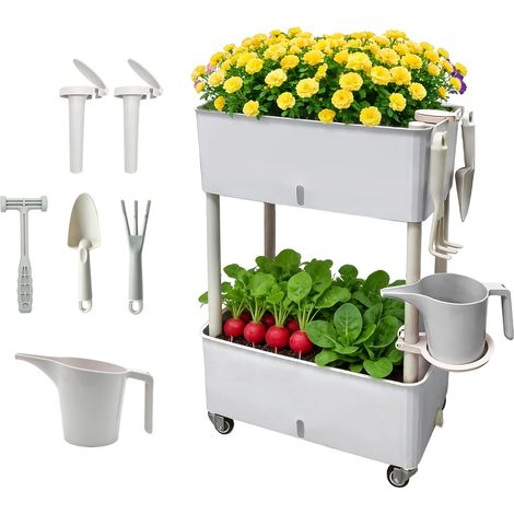 Jardinière surélevée à deux étages avec roulettes et irrigation automatique – Jardinière surélevée mobile en plastique 46,6 x 25,5 x 70,5 cm pour balcon et terrasse – Volume 40 l, réservoir d'eau de 2 (1/5)