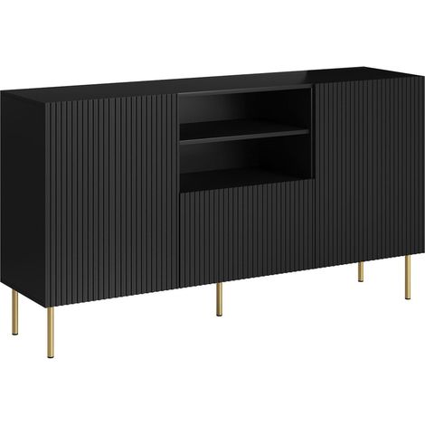Buffet Stornara, buffet de salon avec deux portes battantes, un tiroir et deux compartiments ouverts, design effet cannelé, 150 x 42 x 82 cm, noir (1/4)