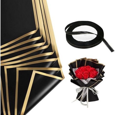 20 feuilles de papier cadeau noir et or et ruban - Papier cadeau imperméable à motif de feuilles (1/5)